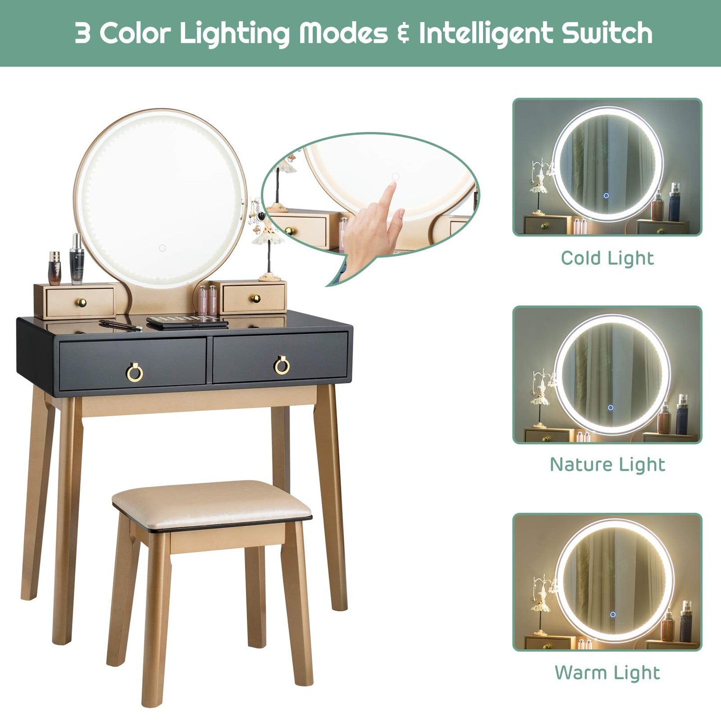 FANTASK Vanity Table Set, LED Lighted Makeup Table w/ 3 Color Round Lighting Mirror Touch Screen 4 Drawers, Makeup Dressing Table w/Cushioned Stool for Bedroom (Black)