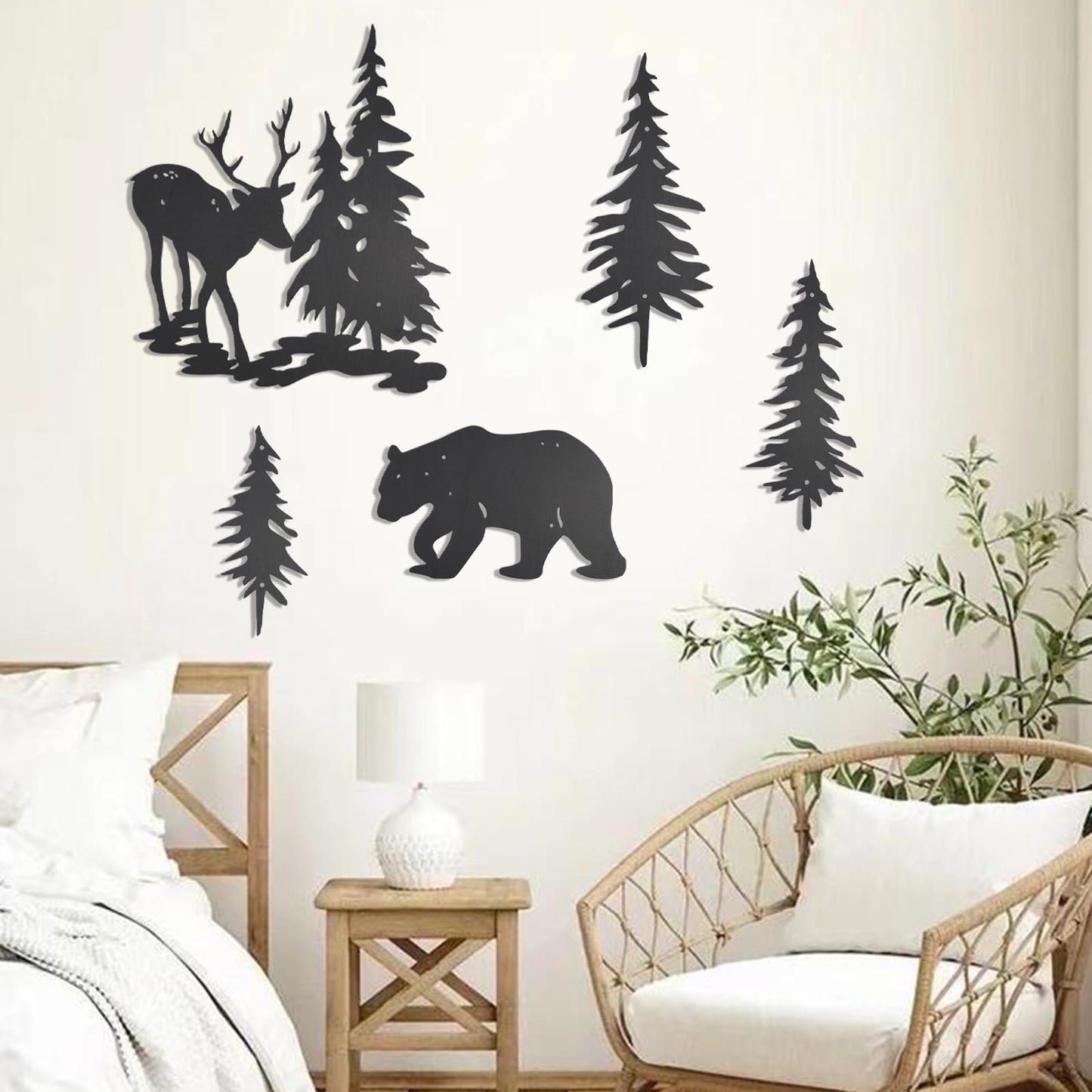 OYEFLY 5 Pieces Deer Bear Pine Tree Wall Decor,Rustic Wood Art Wall Decor (Black)