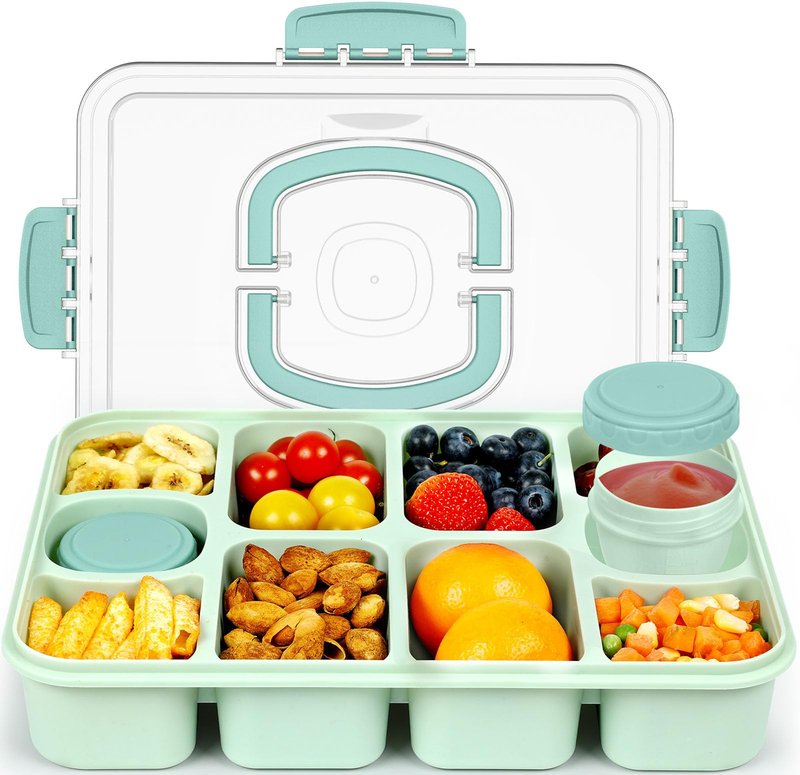 Caperci Original Snackle Box Container - 10-Compartment Divided Snack Serving Tray with Lid & Handle, Built-in 2 Dressing Containers, Leak-Proof, Dishwasher Safe, BPA-Freen (Mint Green)