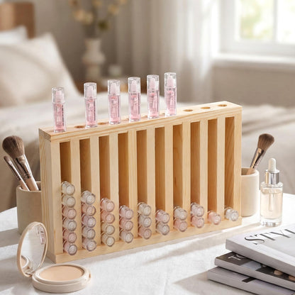 Wonderjune 1 Pcs Wooden Lipsticks Holder 0.7 inch Lip Balm Tube Holder Lip Gloss Organizer Display Wood Lipsticks Tube Tower Organizer for Market Craft Booth Room Display (10 Slot)