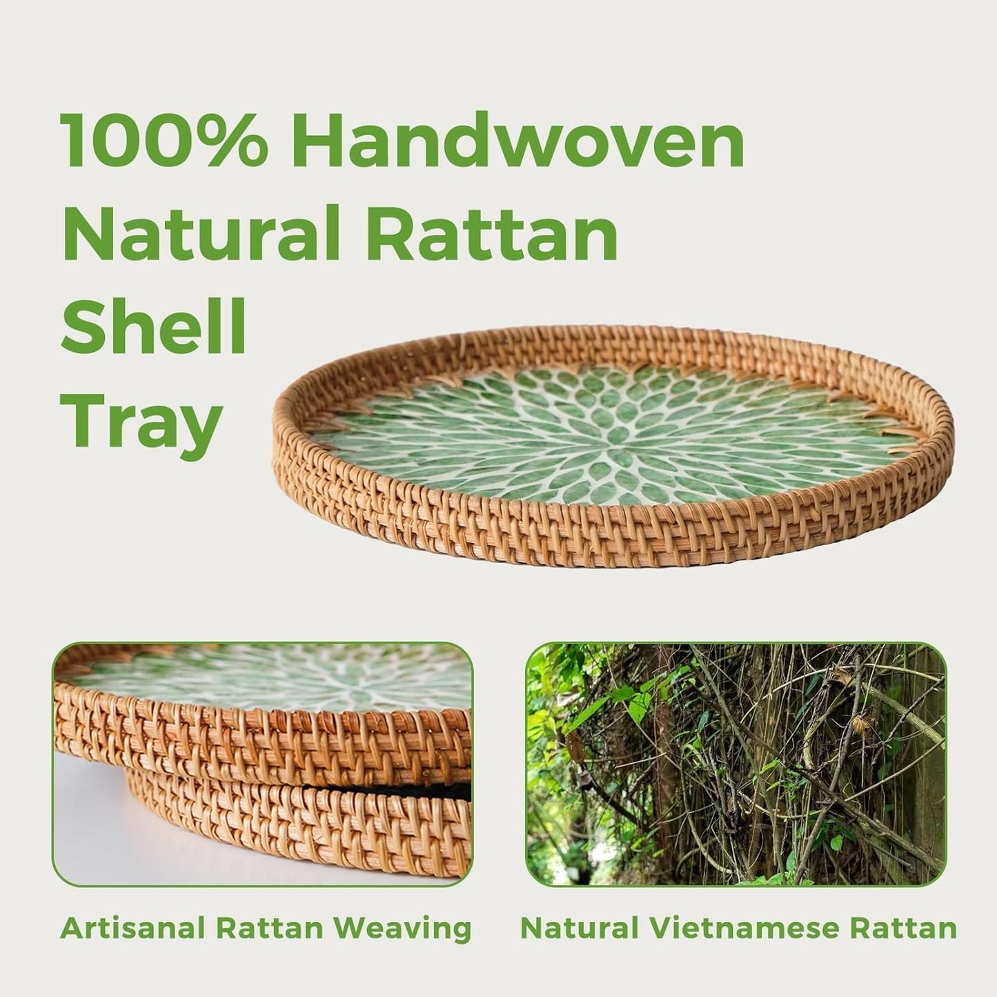 Round Rattan Tray with Mother of Pearl Inlay, Wicker Serving Tray Mother for Decor, Rattan Round Wicker Coffee Table