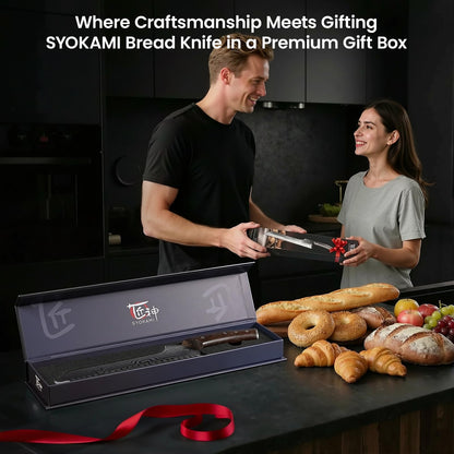 SYOKAMI 2026 New Upgraded Offset Bread Knife for Homemade Bread, 10.5 Inch Resharpenable Serrated Knife, Ultra-Sharp Sourdough Slicing, Perfect Kitchen Gift, Designed for Cutting Cakes, Fruits & Meat