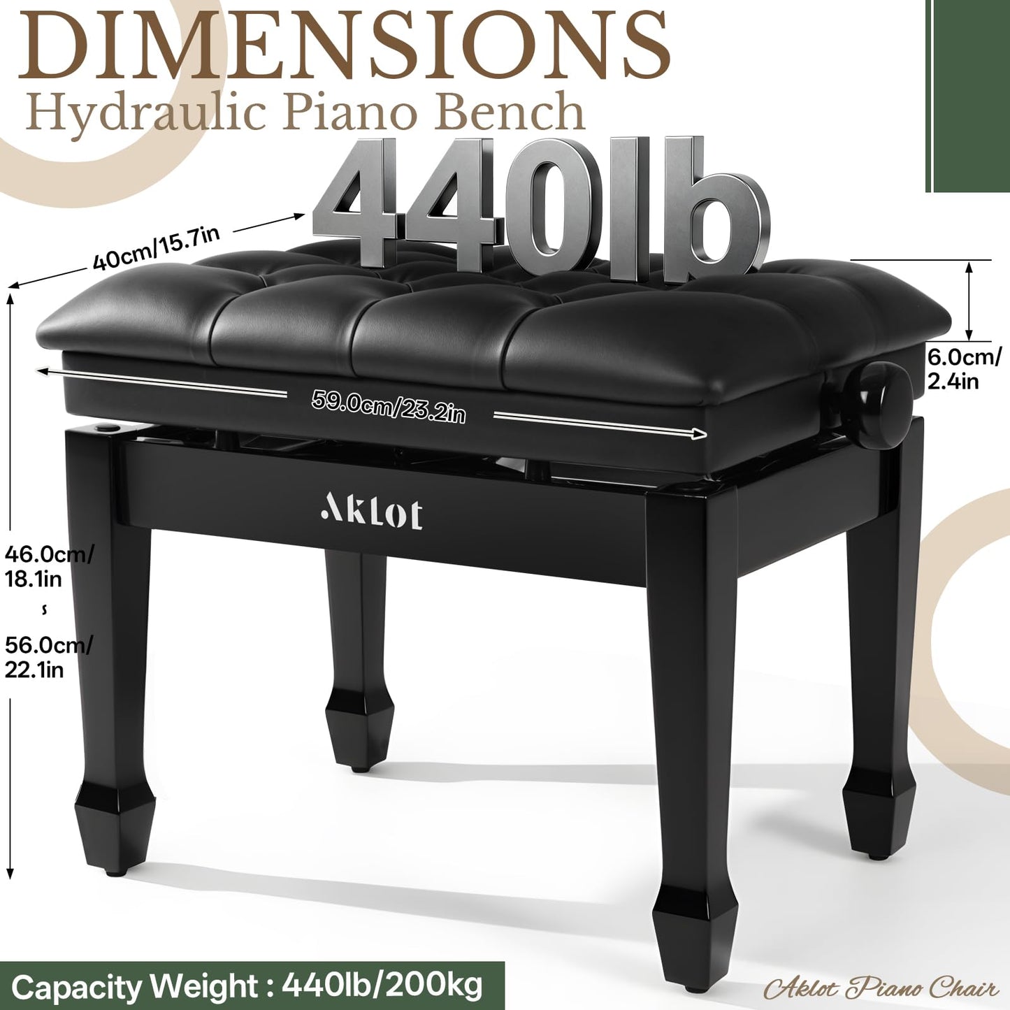 AKLOT Hydraulic Piano Bench, Keyboard Bench with Padded Cushion, Ajustbale Heavy Duty Piano Seat with High-Density Sponge, Piano Stool 23.22"X 15.75" Solid Wooden Piano Chair for Pianist（Black