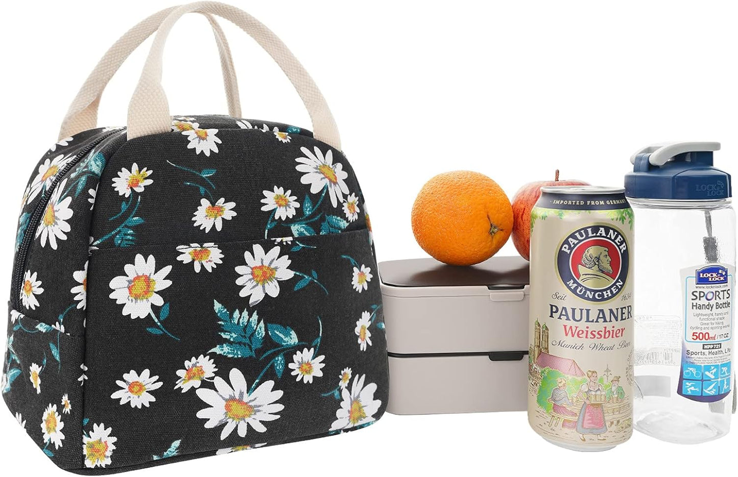 EurCross Women's Lunch Bags for Work, Chic Floral Daisy Pattern Canvas Insulated Black Lunch Tote Bag Carrier