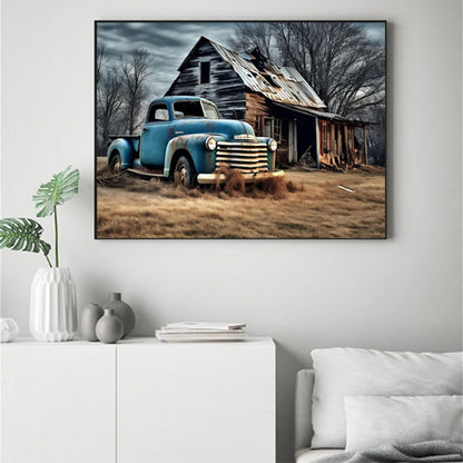 QAZWSX Blue Truck in Old Barn 5D Diamond Painting Kits for Adults, Paint with Farmhouse Diamond Art, DIY Gift Round Full Drill Crystal Crafts Gem Arts for Home Wall Decor 12x16 inch