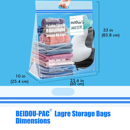 BEIDOU-PAC 25 Gallon Jumbo Storage Bags with Handle, 15 Count | Double Zipper Seal | Expandable Bottom, Resealable Clear zip Bags for Home, Travel, Moving, Commercial and Outdoor