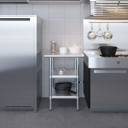 24" Long X 24" Deep Stainless Steel Work Table with 2 Shelves | Metal Food Prep Station | Commercial & Residential NSF Utility Table