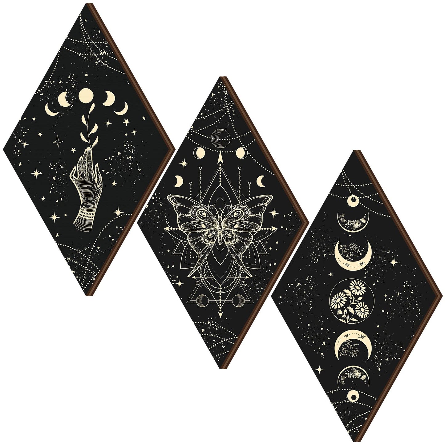 Ferraycle 3 Pcs Rustic Boho Wall Decor Moon Phases Butterfly Wall Art Stars Moon Decor Minimalist Room Decoration Wooden Gothic Witchy Pediments Hanging Sign for Home(9.5 x 16.1 Inch,Black, Gold)