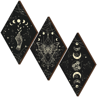 Ferraycle 3 Pcs Rustic Boho Wall Decor Moon Phases Butterfly Wall Art Stars Moon Decor Minimalist Room Decoration Wooden Gothic Witchy Pediments Hanging Sign for Home(9.5 x 16.1 Inch,Black, Gold)