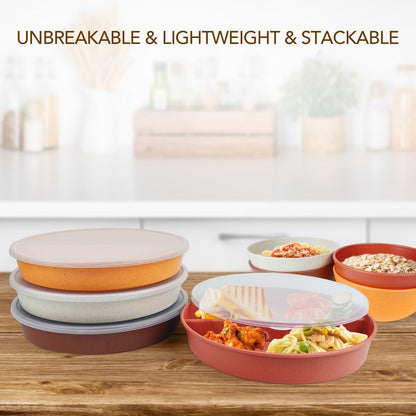 greenandlife 9 Inch 4PCS Portion Control Plates with Lids, Divided Plates for Kids Adults, Dishwasher Microwave Safe Compartment Plate Set, Unbreakable Lightweight Reusable Wheat Straw Plate, Sunset