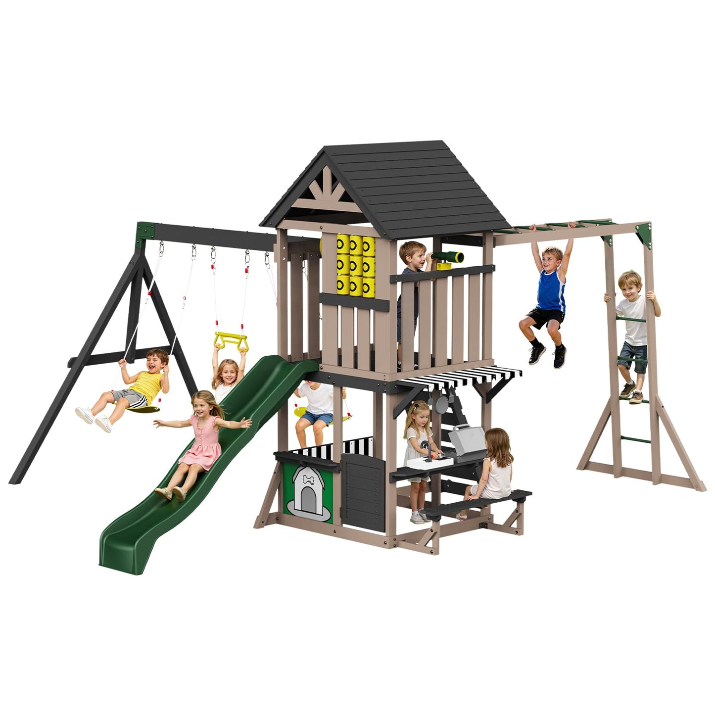 Albott Wooden Swing Set for Kids, Large Outdoor 11-in-1 Playset with Playhouse, Wave Slide, 2 Swings and Climbing Wall, Backyard Playground for Ages 3–8, 200" D x 161" W x 114" H