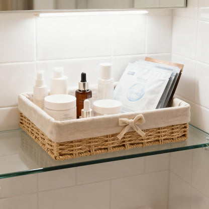 Shallow Storage Baskets for Shelves, Set of 4 Lined Wicker Baskets for Organizing, Khaki Paper Rope Shelf Storage Bins for Pantry, Closet, Bathroom
