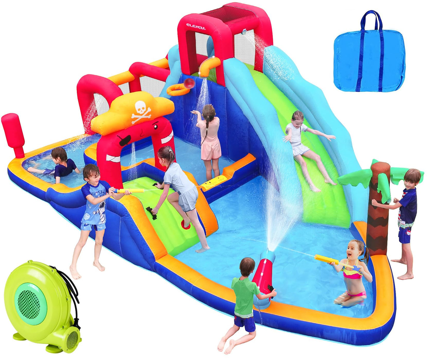 ELEMARA Inflatable Water Slide Bounce House, 10 in 1 Inflatable Water Park with Blower, 2 Slides & 2 Climbing Walls & 2 Water Guns, Deep Pool Giant Splash Pool, Water Slides for Kids Backyard for 6