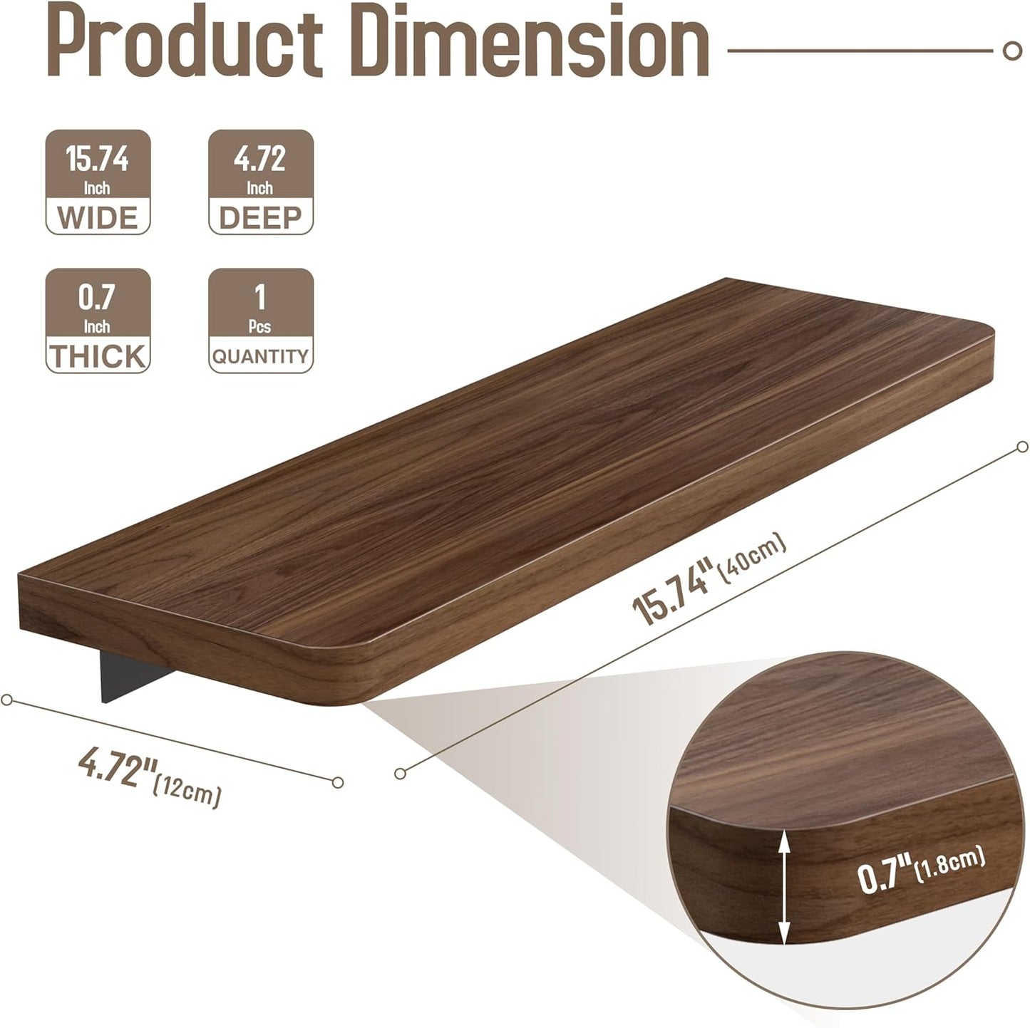 16 inch Danpoo Solid Walnut Floating Shelf - Large, Heavy Duty Wall Shelf for Kitchen, Living Room, Bathroom, Built