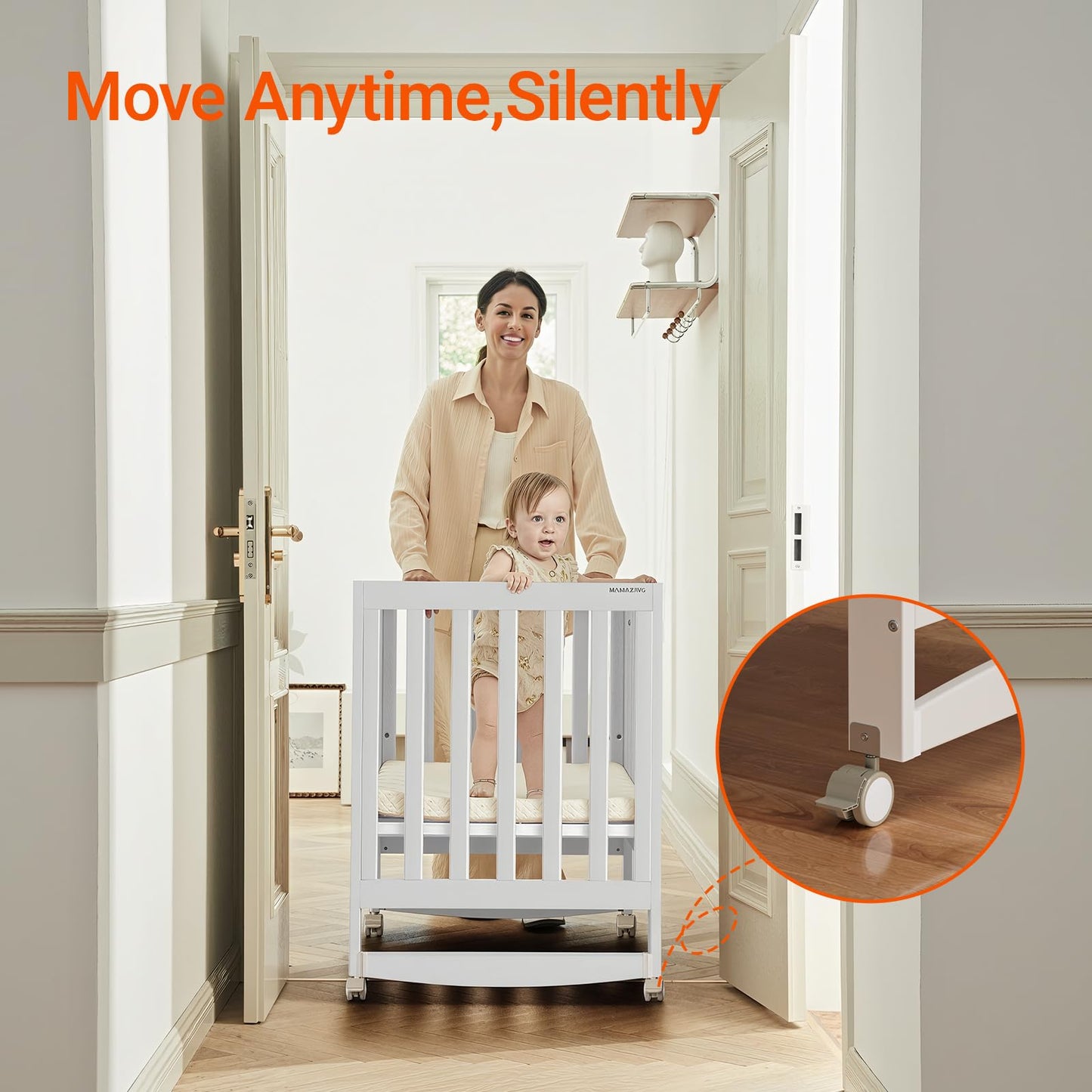 MAMAZING EvoNest Baby Crib, 11 in 1 Convertible Crib with Wheels, 100% New Zealand Wood Growing Bed, Full Size Crib for Baby, 4 Adjustable Mattress Height, White