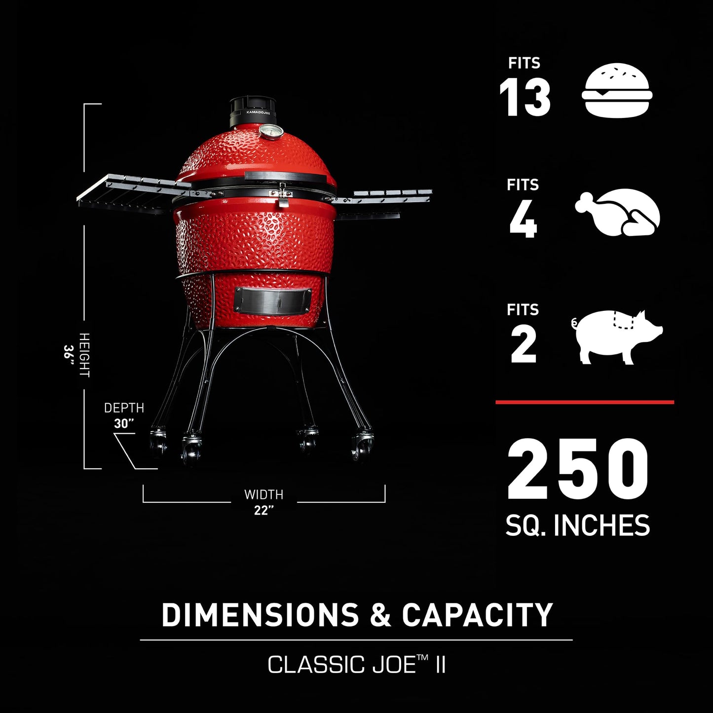 Kamado Joe Classic Joe Series II 18-inch Ceramic Charcoal Grill and Smoker with Cart, Side Shelves, Stainless Steel Grates and 250 Cooking Square Inches in Red, Model KJ-23RHC