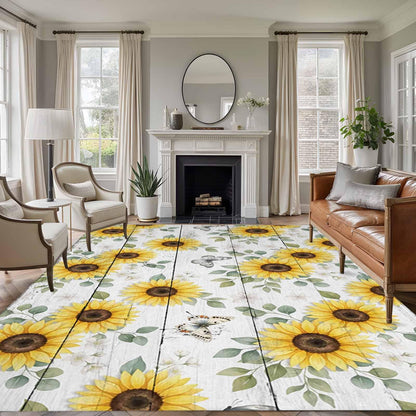 Area Rugs 8x10 for Living Room, Yellow Sunflowers Non Slip Washable Rug Runner, Summer Botanical Butterfly Leaves Wooden Low Pile Indoor Floor Carpet Mat Bathroom Rugs for Bedroom, Kids Room