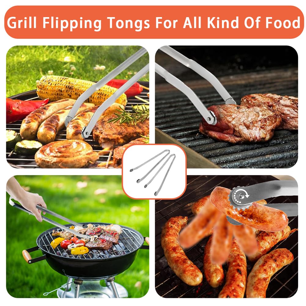 2PCS Kitchen Tongs BBQ, Non-Stick Metal Tongs for Cooking, Heavy Duty Stainless Steel Meat Tongs for Flip Bacon Steak Meat Sausage Vegetables