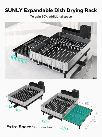 SUNLY Large Dish Drying Rack, Expandable Dish Racks for Kitchen Counter, Space Saving 304 Stainless Steel Drying Rack Kitchen, Extra Large Drainer with Multifunctional Flip Up Pegs, Black