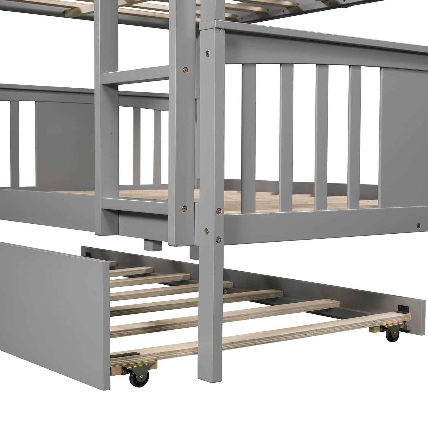 Ball & Cast Full Over Full Bunk Bed with Twin Size Trundle and Ladder,Wood Bunkbed w/Slat Support & Full-Length Guard Rail,Space Saving,Bedframe Furniture for Student Dorms,Studio,Gray
