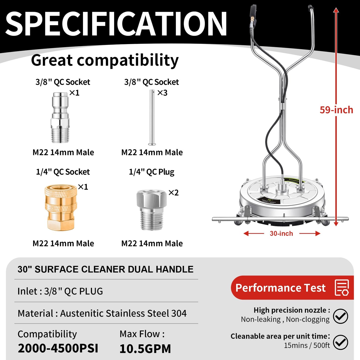 30" Pressure Washer Surface Cleaner Ultra with 7 Nozzles Water Broom, Stainless Steel Dual Handle Power Washer Surface Cleaner for Patio Decker Concrete Driveway, 5000 PSI