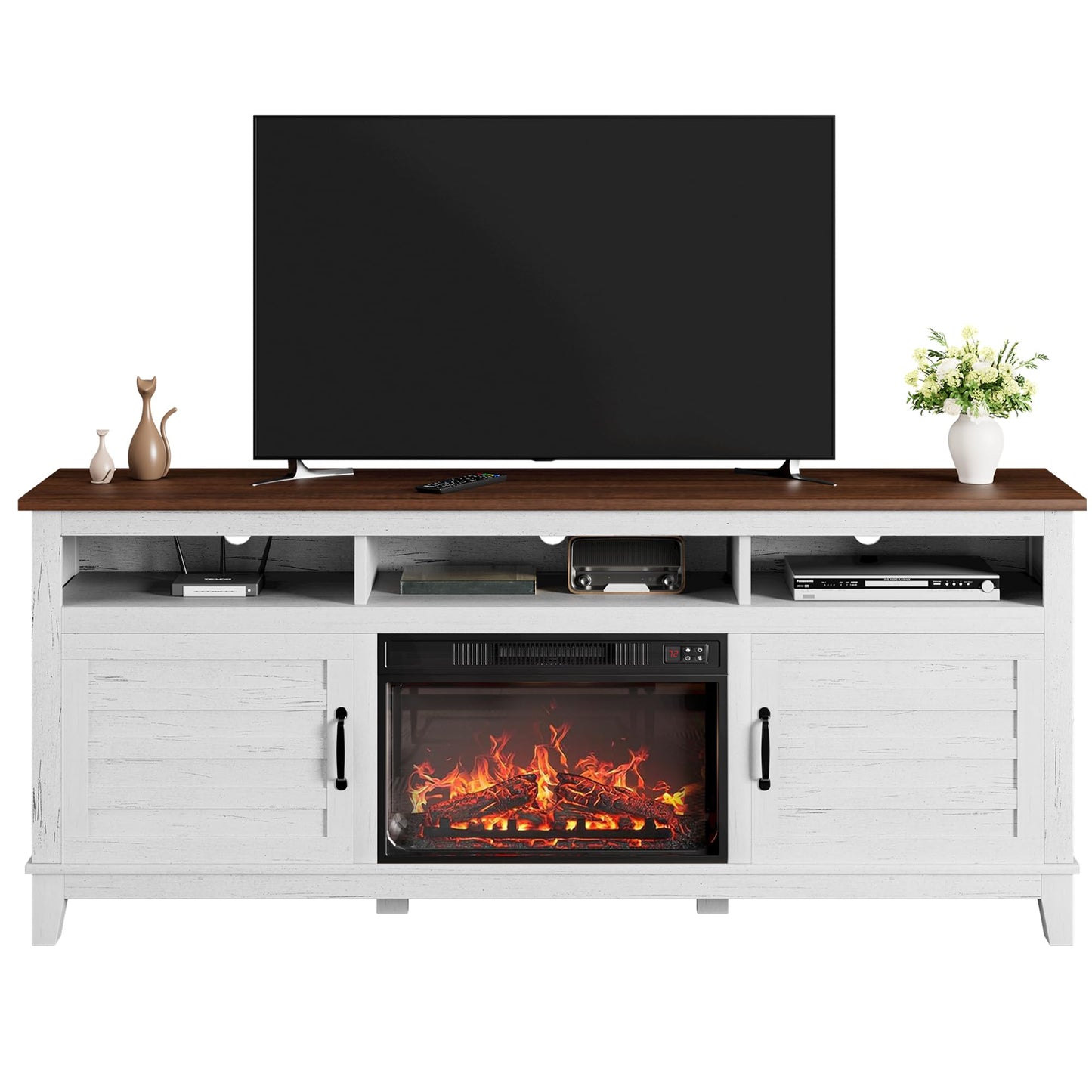 GarveeHome TV Stand with Electric Fireplace, Fireplace Entertainment Center, Farmhouse TV Stand with Cabinet Doors,for Living Room, Bedroom