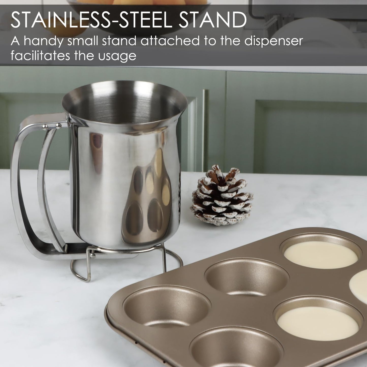 KAYCROWN 800ml Stainless Steel Pancake Batter Dispenser, Handheld Pancake Mix Dispenser, Cupcake Batter Dispenser for Baking Cake Cupcakes Crepes Waffles Pancake Kitchen Tool, Easy to Clean