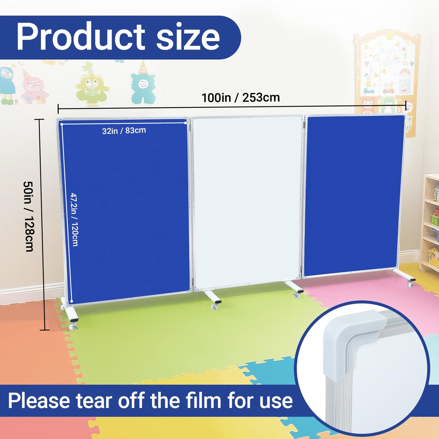 AmazingSpark Set of 3 Classroom Dividers for Room Separation, 4 x 8 ft Short Play Panels for Room Divider, Double-Sided Magnetic Dry Erase Board and Felt Board for Preschool(Blue White)