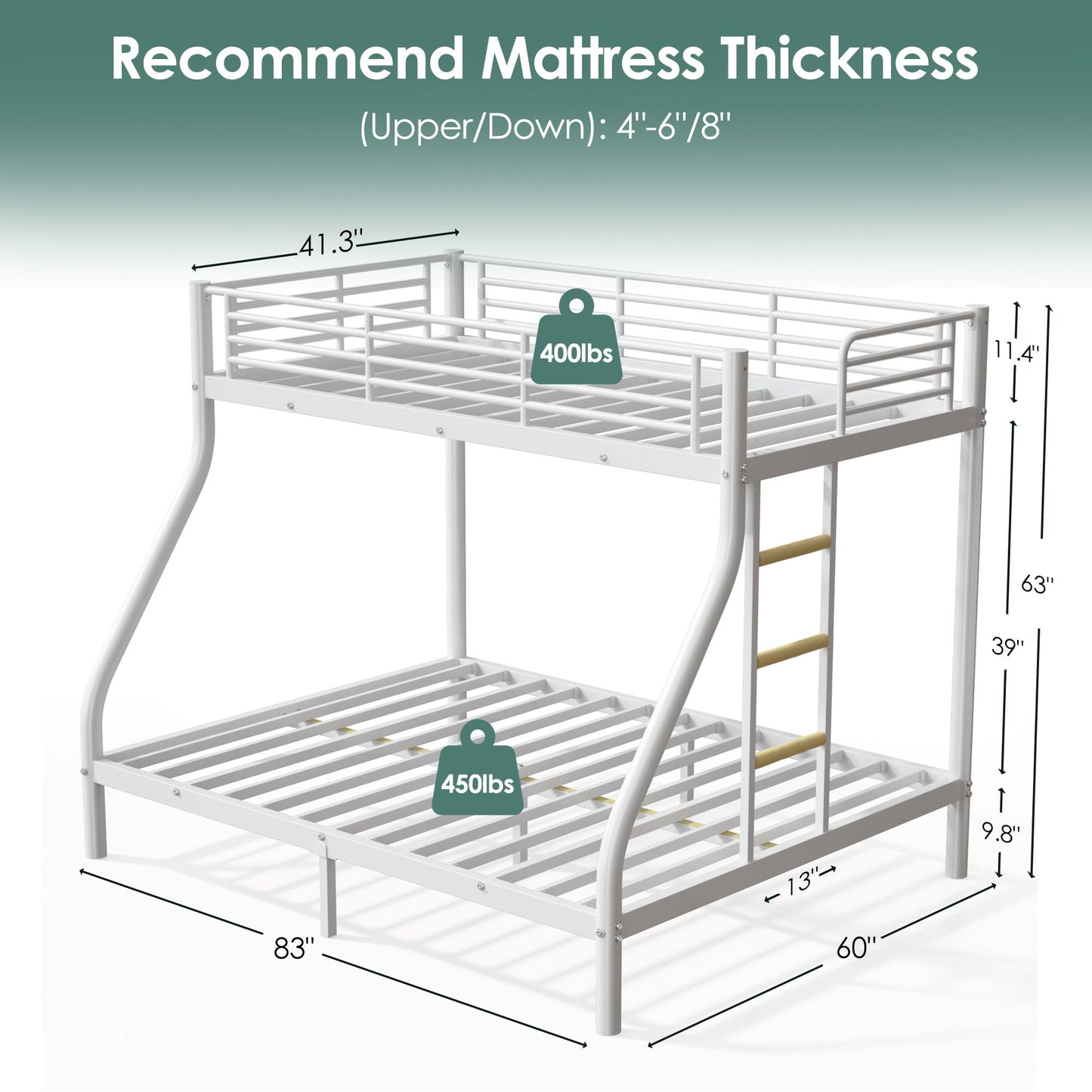 Cyranture Bunk Beds Twin XL Over Queen, Heavy Duty Bunk Beds with Bottom Space & Guardrail Metal Bunk Bed Frame for Adults Teens Dorm Bedroom Guest Room, No Box Spring Needed（White）