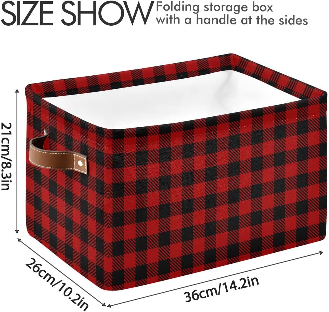 Christmas Red Buffalo Plaid Storage Basket, Fabric Laundry Baskets for Winter Holiday Decorations, 16×12×8 Inches
