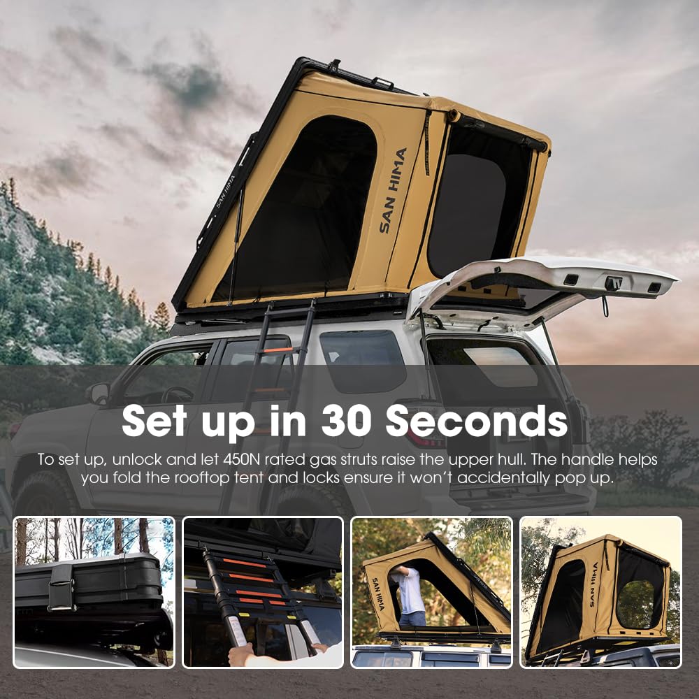 Sanhima Rooftop Tent Hard Shell - Hotham Overland Aluminium Roof Top Tent w/Larger Space, LED Strip Light & Skyview Window, 2” Thick Mattress, for Car SUV Truck Camping, 2-3 People, Khaki