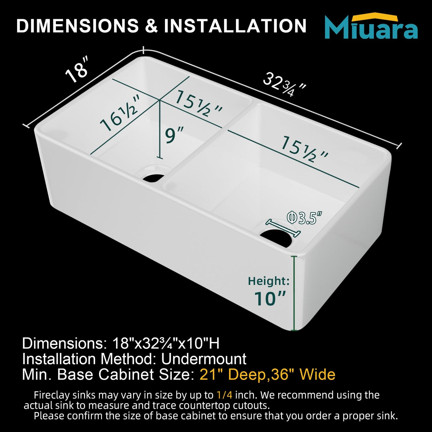 Miuara Farmhouse Sink Double Bowl 33 Inch - White Apron Front Kitchen Sink Reversible 33"x18", Undermount Farm House﻿ Style Dual Basin 50/50, Heavy Duty Solid Fireclay, for Kitchen