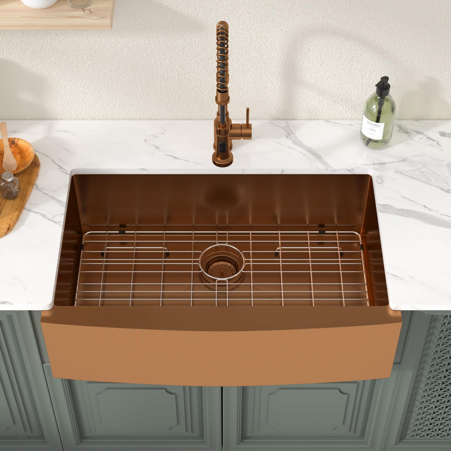 Lordear 33 inch Farmhouse Kitchen Sink Apron Front 16 Gauge Stainless Steel Copper Tone Bronze Deep Single Bowl Kitchen Farm Sink