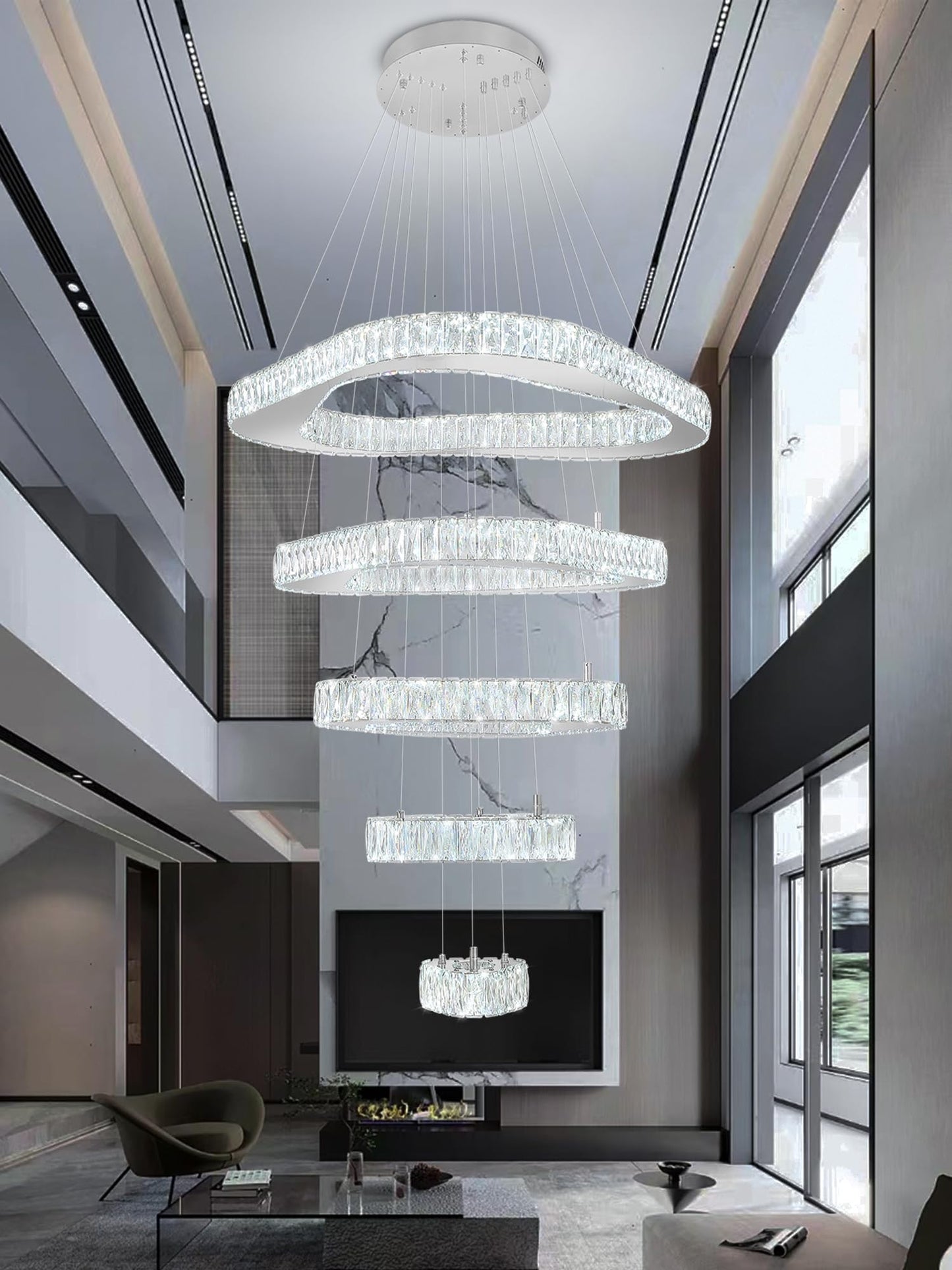 Shial Lighting Large Crystal Chandelier Modern LED Dimmable Contemporary Chandelier Large Pendant Light for Living Room Foyer Staircase Silver Dia 40"