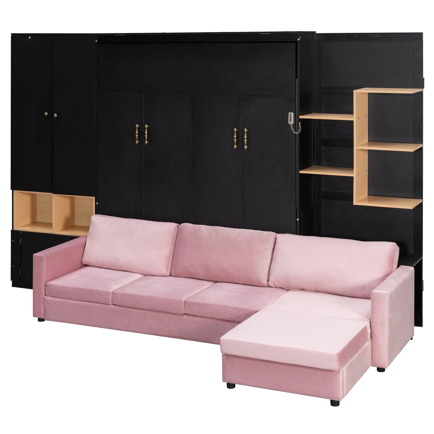 DNYN Queen Size Murphy Bed with Large Sofa and Storage Shelves for Bedroom/Guest/Study Room, Space-Saving Wooden Foldable Wall Bed Frame with Dual LED and Cabinets, No Box Spring Needed