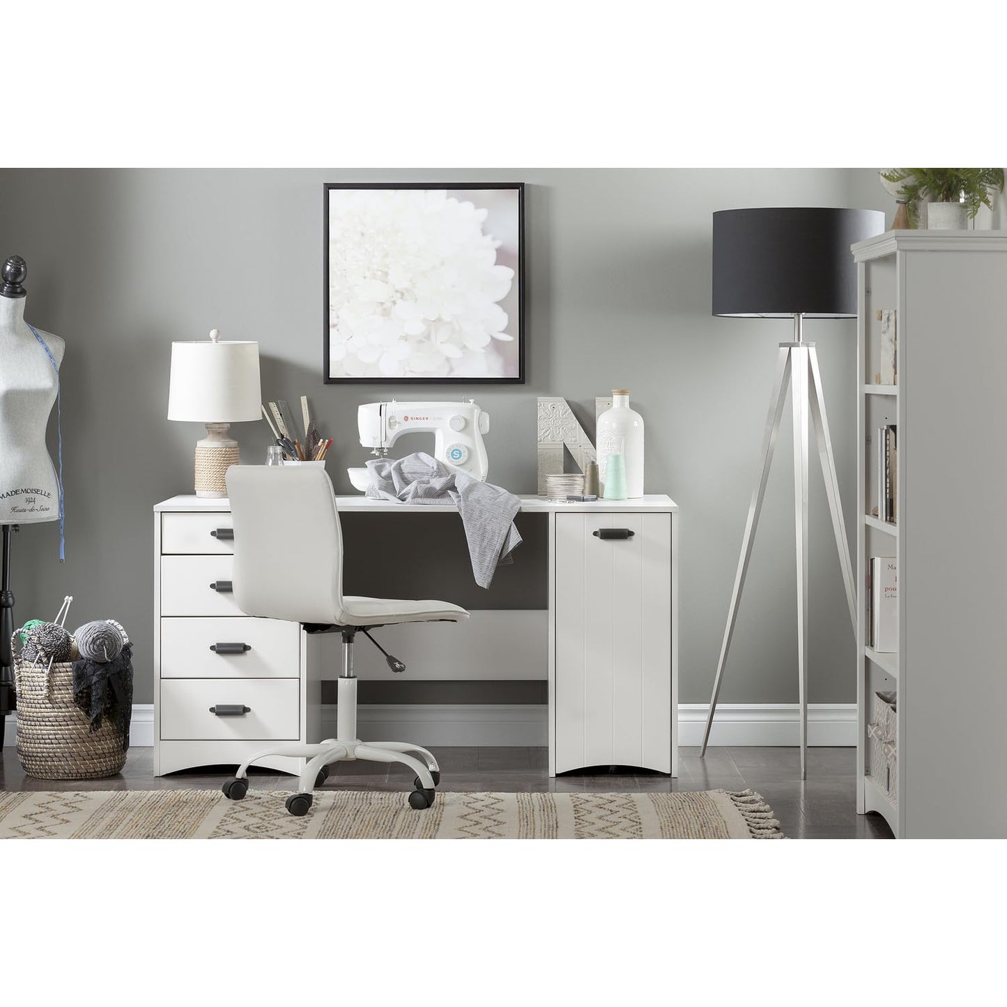 South Shore Artwork Sewing Craft Table with Storage Drawers and Scratchproof Surface, Pure White