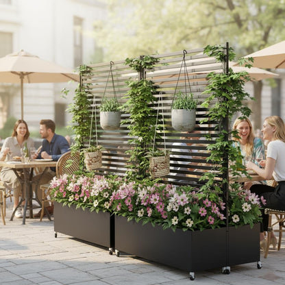 Sunnibety Double Metal Planter Box with Trellis Privacy Screen, Raised Garden Bed with Trellis & Wheels, Planter Box Outdoor with Drainage Holes for Climbing Plants, Vines,73"x 47"x 30", Black