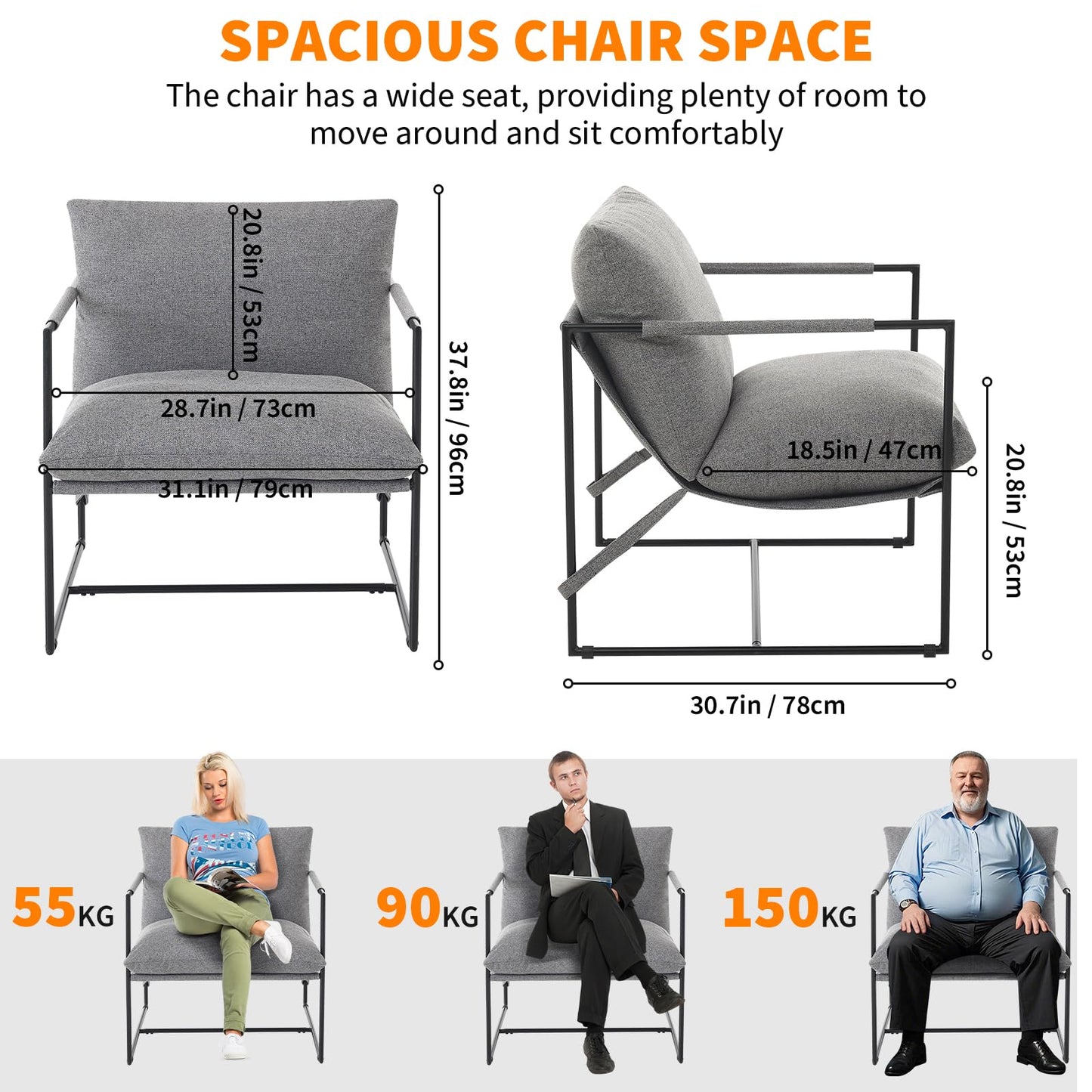 GAOMON Modern Sling Accent Chair Set of 2,Comfy Living Room Chair with Metal Frame,Upholstered Armchair with Soft Cushion for Bedroom Balcony Lounge Reading Room