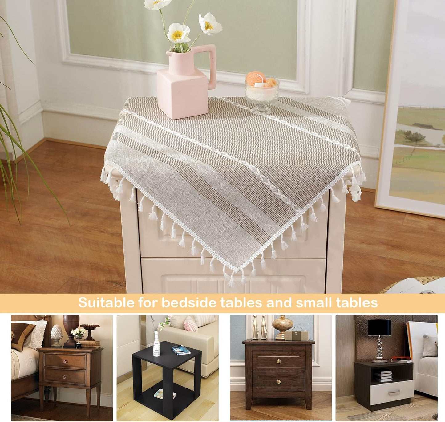 HPX HOME 2pcs 23 23 Inch, Linen Striped Small Tablecloth Square Cotton Tassel Bedside Table Cover Dust-Proof Washable