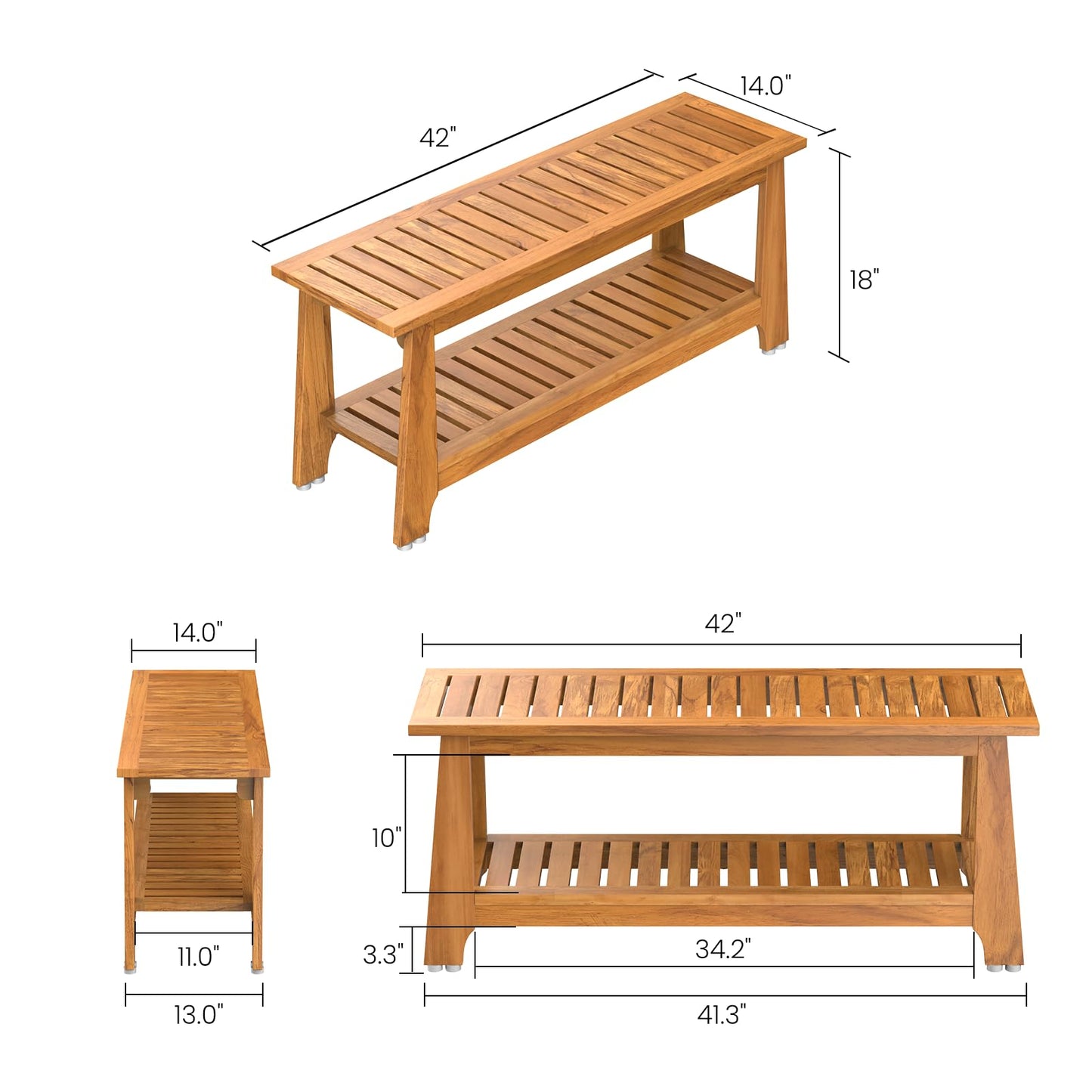NNN 42" Commercial Teak Shower Bench - 8 Non-Slip Leveling Feet & 350 lbs Capacity | Rock-Solid Stability for Seniors & Spa Safety | Waterproof Design for Saunas/Outdoor Pools (Patented)