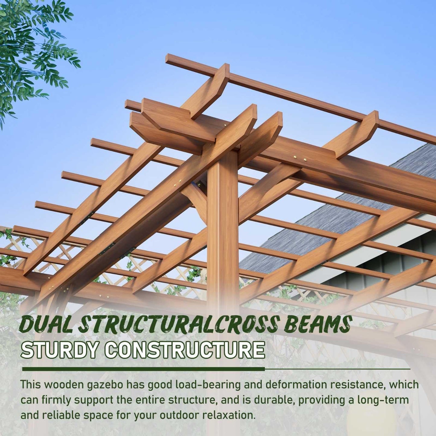 FRITHJILL 12x10FT Wooden Pergola with Slatted Roof Trellis, Fir Wood Outdoor Pergola for Climbing Plants & Vines, Waterproof Garden Arbor for Patio, Backyard, Deck
