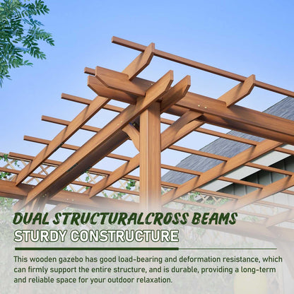 FRITHJILL 12x10FT Wooden Pergola with Slatted Roof Trellis, Fir Wood Outdoor Pergola for Climbing Plants & Vines, Waterproof Garden Arbor for Patio, Backyard, Deck