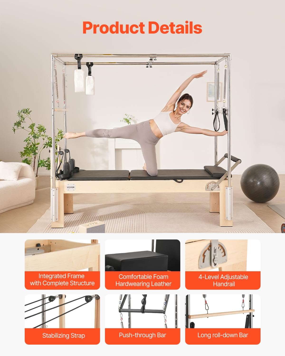 VEVOR Pilates Reformer, Wooden Pilates Machine for Home Gym Studio, Strength Training Workout Equipment with Dual Resistance, Reformer Box, Jump Board, for Advanced Users and Beginners, Up to 400 LBS