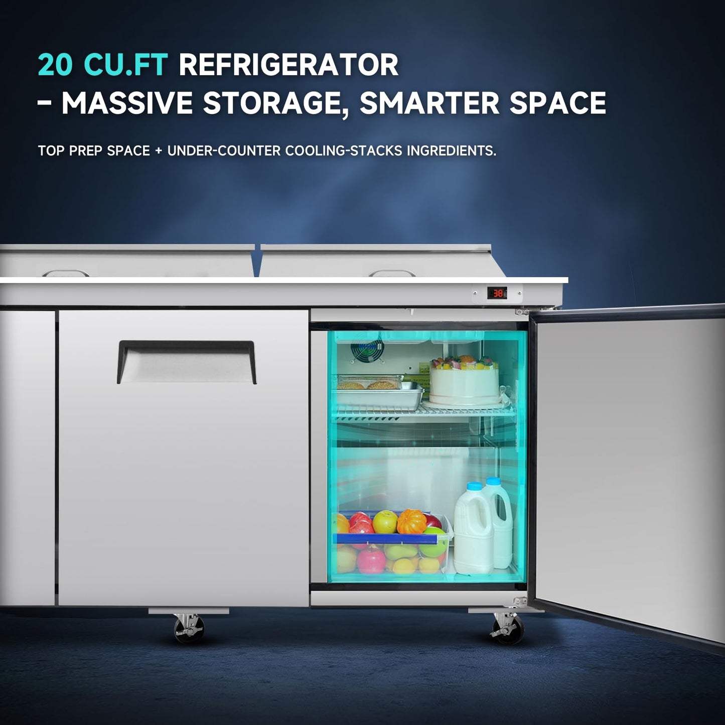 72"W Commercial Sandwich Prep Table Refrigerator - Stainless Steel Door with 30 Pans, 20 Cu.Ft Capacity, Auto Defrost, Digital Temperature Control for Restaurants, Delis, Catering & Convenience Stores