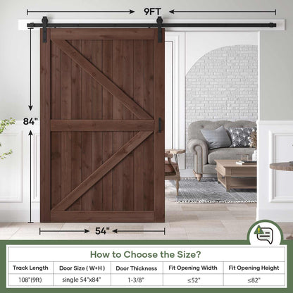 ROYMELO 54x84 inch Sliding Barn Wood Door Slab with 9ft Hardware Kit and Handle, Coffee, K Shape, Simple DIY Assembly