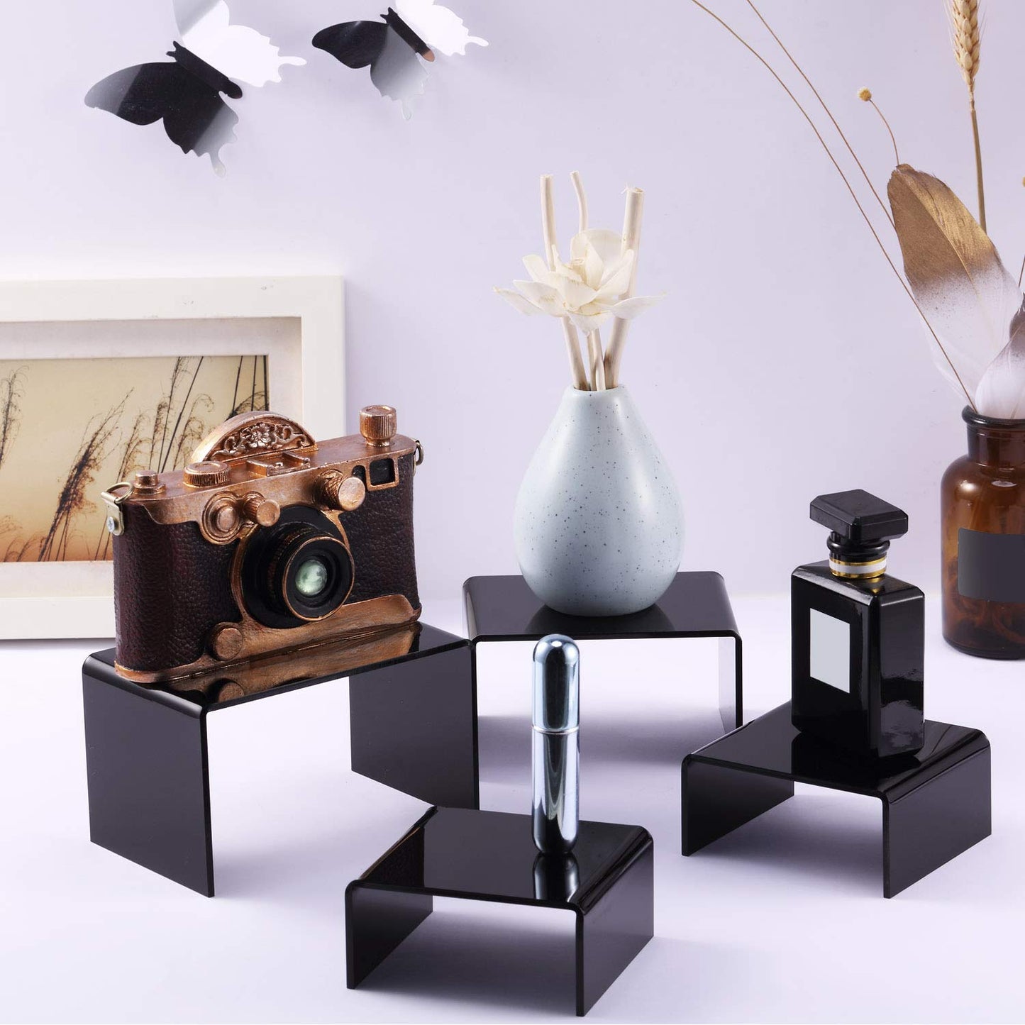 Chuangdi 2 Sets Acrylic Display Risers, Product Stand, Jewelry Display Riser Shelf Showcase Fixtures for Dessert Cupcake Candy Figure Treat Action Showcase(Black,Small Set)