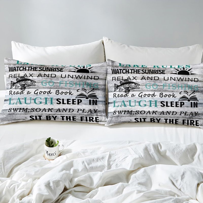 Feelyou Lake House Duvet Cover Fishing Bedding Set for Kids Boys Girls Camping House Comforter Cover Wooden Stripes Texture Bedspread Cover 1 Duvet Cover with 2 Pillowcases Queen Size (No Comforter)