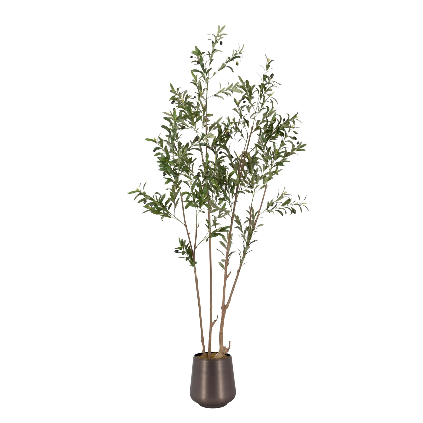 Kate and Laurel Oliveira Faux Olive Tree with Portell Metal Planter Pot, 7 FT, Gunmetal, Potted Artificial Olive Plant Tree with Realistic Foliage and Added Moss, Fake Plant Living Room Decor