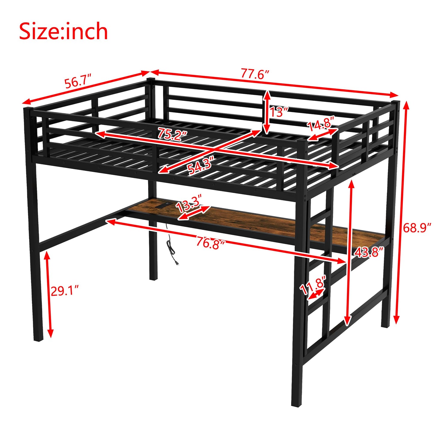 Bellemave Metal Full Size Loft Bed with Desk and Charging Station,Heavy Duty Loft Bed Frame with LED Lights and USB for Kids,Teens,Adults,Full Size,Black