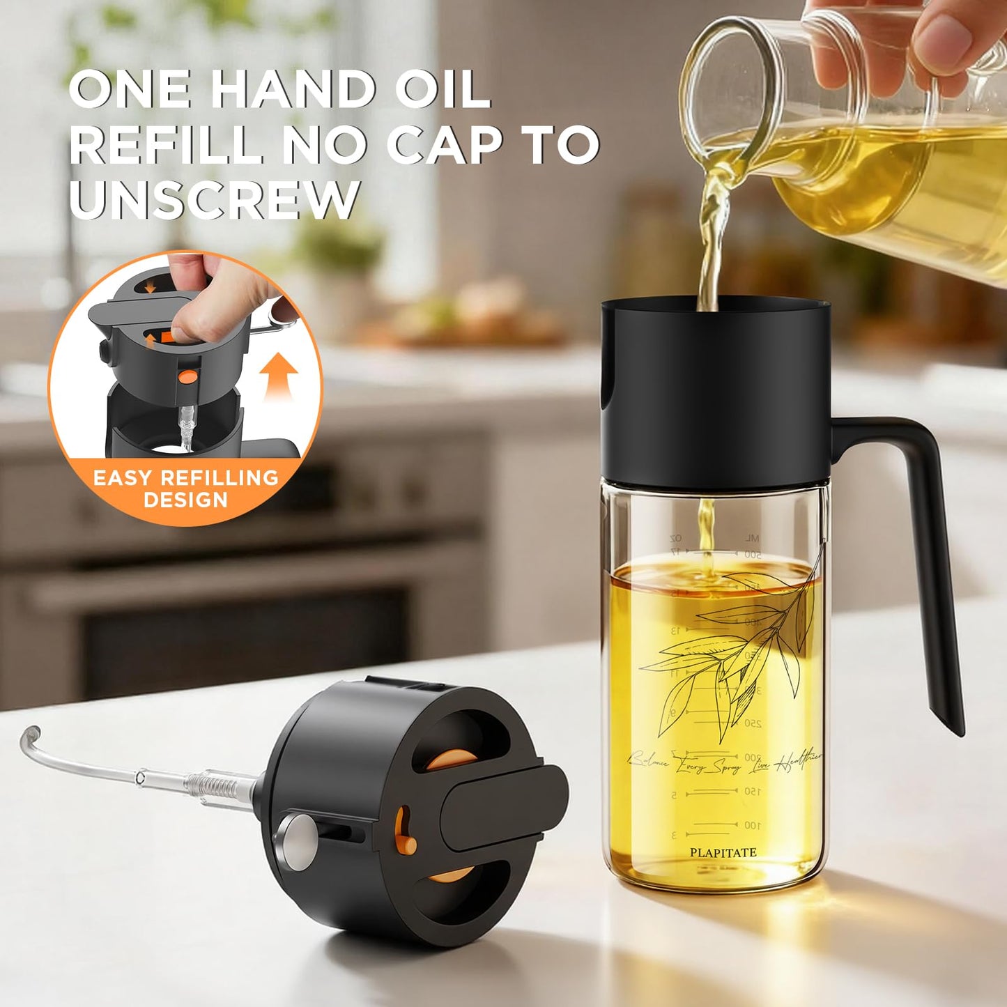 PLAPITATE 17oz/500ml Premium Olive Oil Sprayer for Cooking, 2 in 1 Glass Olive Oil Dispenser Bottle for Kitchen Gadgets, Spray Bottle with Portion Control for Salad, Frying, BBQ (Black)
